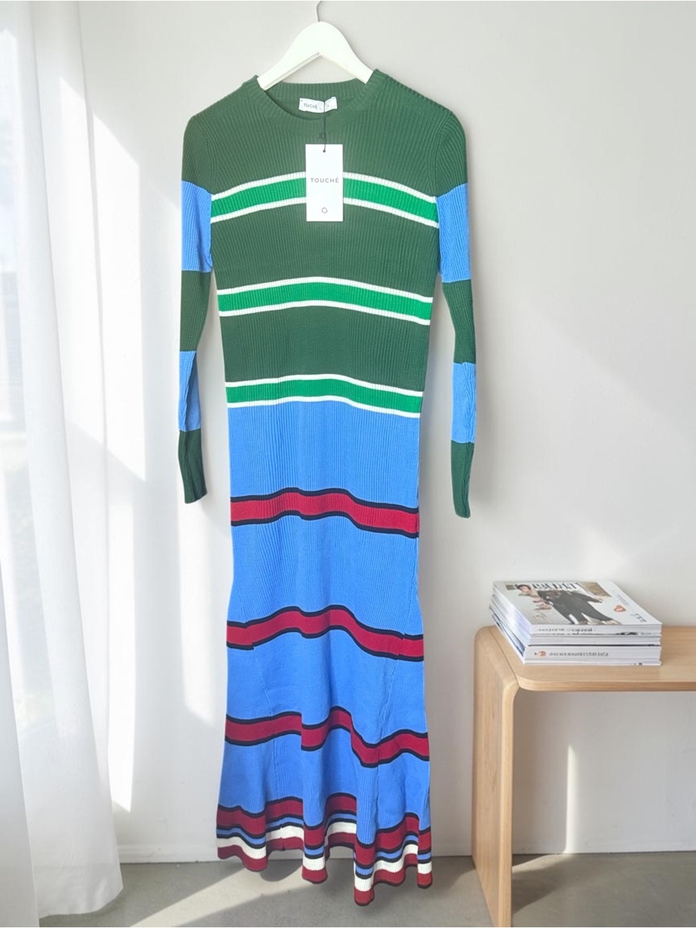 Touché prive Colorblock Striped Rib-Knit Maxi Dress in Green & Blue Size S NWT - Picture 2 of 5
